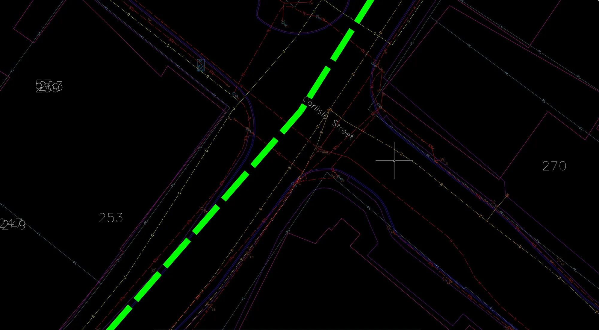 CAD utility plan showing marked underground lines along Carlisle Street