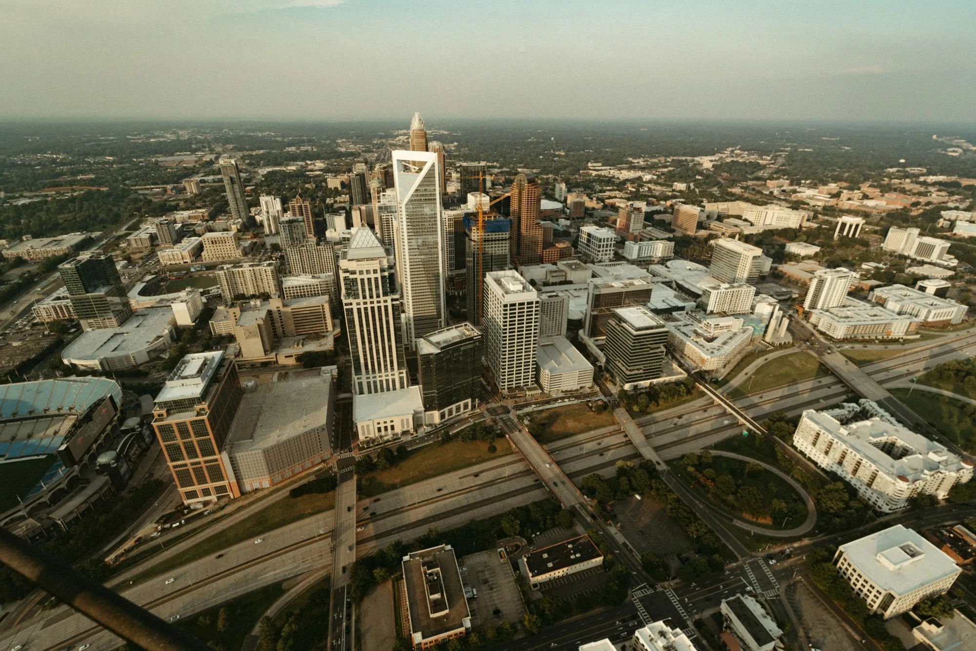 Aerial view of uptown Charlotte, North Carolina, and its interstates