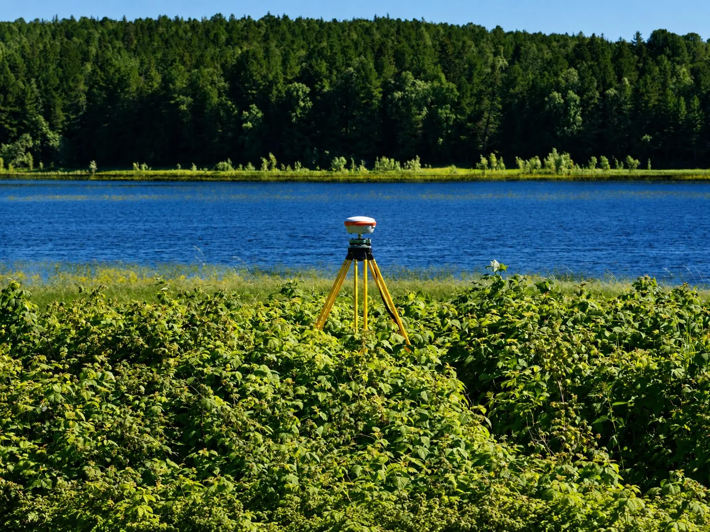 GNSS receiver on a tripod surveying beside a lake