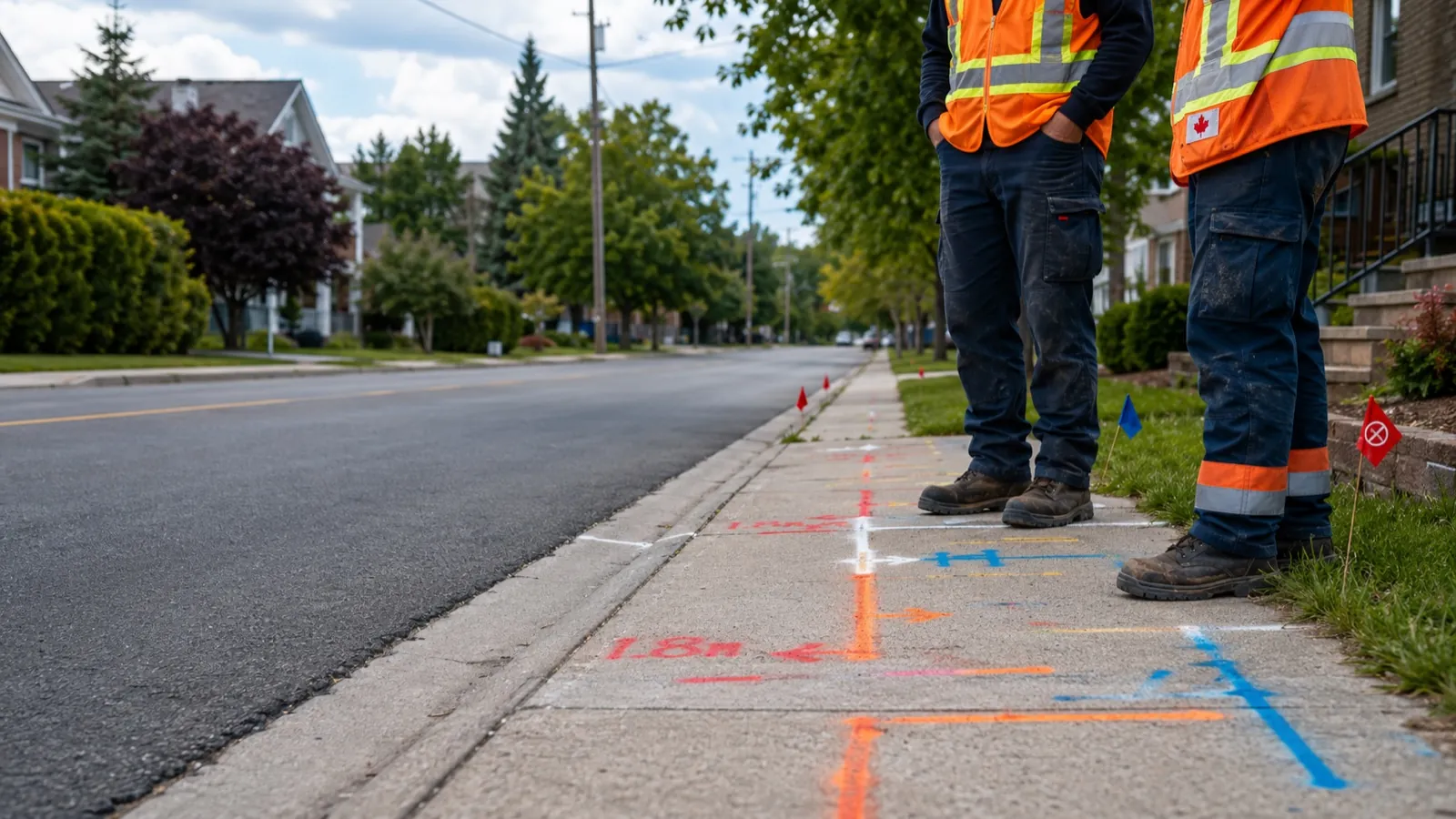 Locating crew on a residential street beside fresh utility locate marks