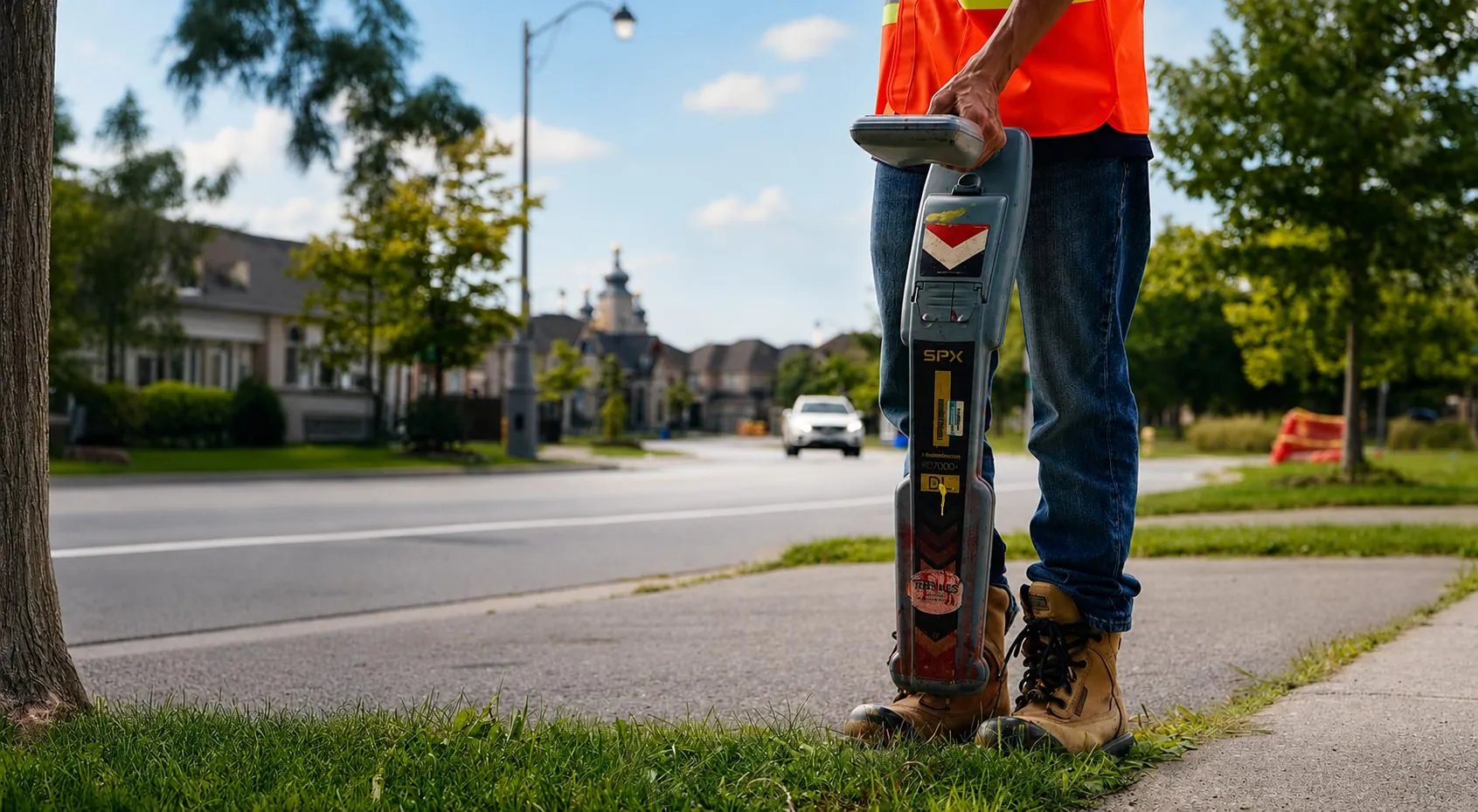Locator carrying an electromagnetic locating receiver along a residential sidewalk