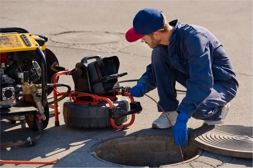 Technician preparing underground inspection equipment at a manhole